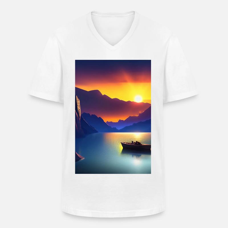 Landschaft mit See, Boot und Berge - Männer-T-Shirt mit V-Ausschnitt - Weiß