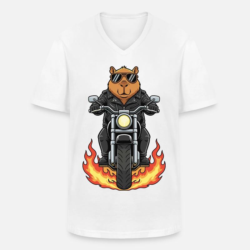 Cool Biker Capybara Motorradflammen - Männer-T-Shirt mit V-Ausschnitt - Weiß