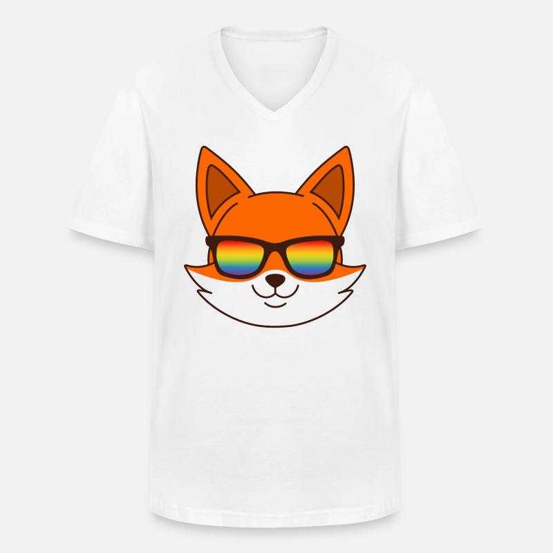 Fuchs mit Regenbogen Sonnenbrille - Männer-T-Shirt mit V-Ausschnitt - Weiß