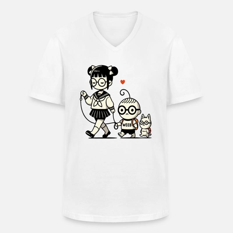 japanisches Schulmädchen, kleiner Brudermit Hund - Männer-T-Shirt mit V-Ausschnitt - Weiß