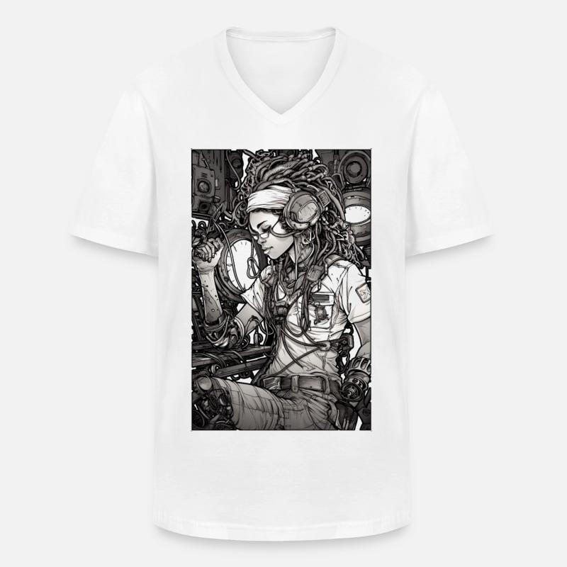 Tech-Mädchen, schwarz und weiß, , Digital - Männer-T-Shirt mit V-Ausschnitt - Weiß