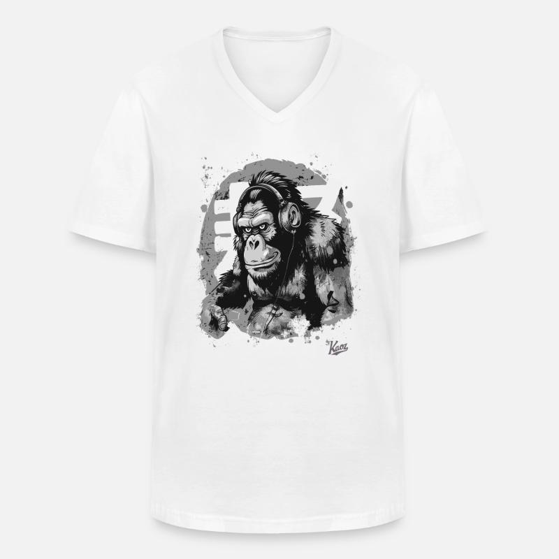 Funky Musik Kopfhörer Schimpansen-Affe - Männer-T-Shirt mit V-Ausschnitt - Weiß