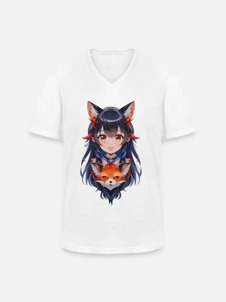 Manga Girl with Fox - Men's V-Neck T-Shirt - white