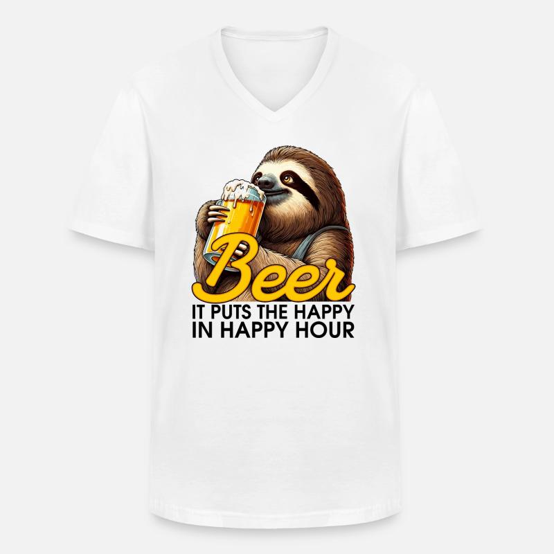 Happy Hour Bier Faultier Geschenk - Männer-T-Shirt mit V-Ausschnitt - Weiß