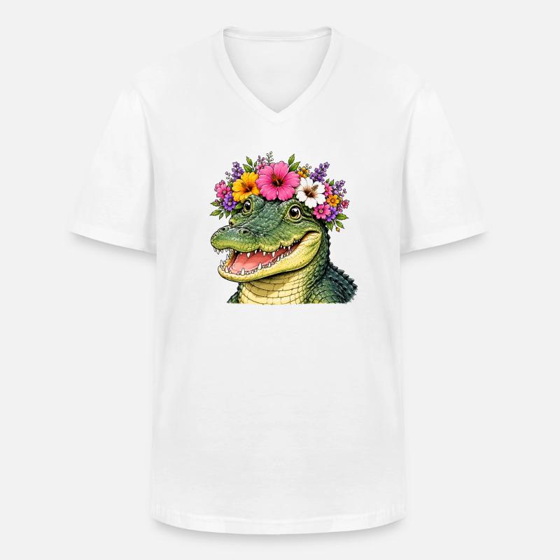 Krokodil mit Blumenschmuck  - Männer-T-Shirt mit V-Ausschnitt - Weiß