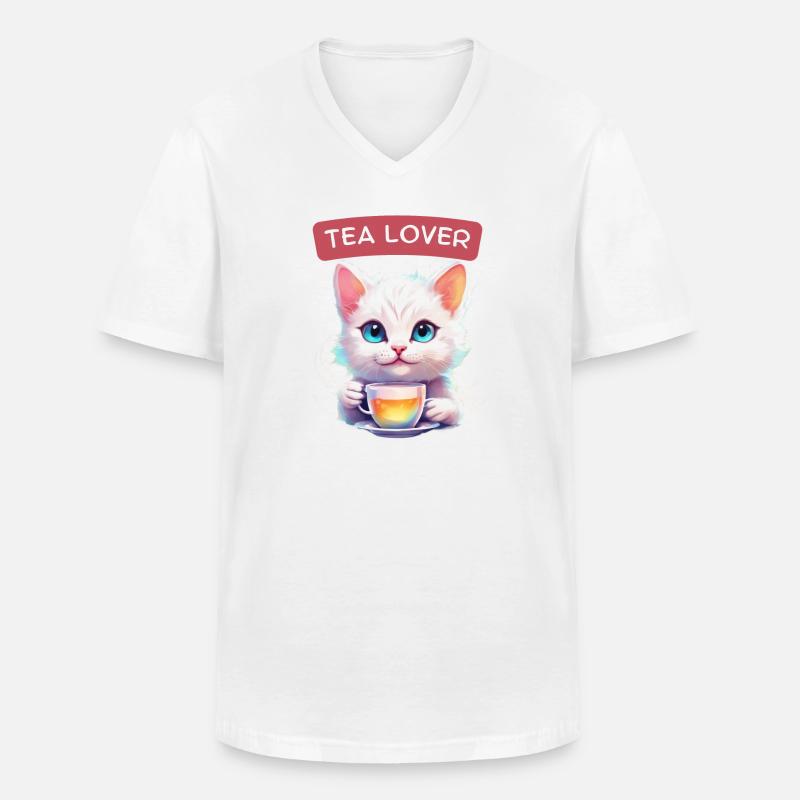 Katze mit Tee - Männer-T-Shirt mit V-Ausschnitt - Weiß