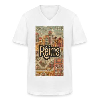 Paysage urbain de Reims Illustration rétro - T-shirt col V Homme - blanc - Devant - AI Model Male 185 light (185cm)