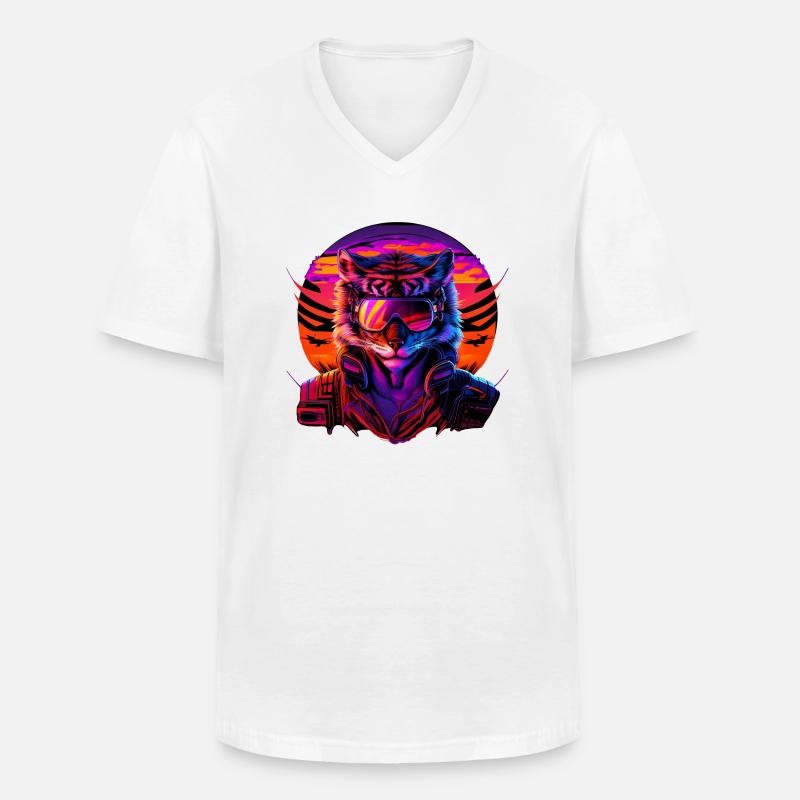 Retro Emblems - Animal - Pilot Tiger - Männer-T-Shirt mit V-Ausschnitt - Weiß