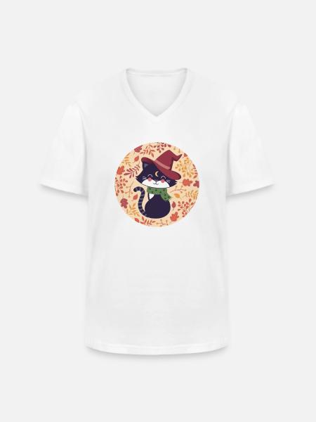 black cat with autumn pattern - Men's V-Neck T-Shirt - white