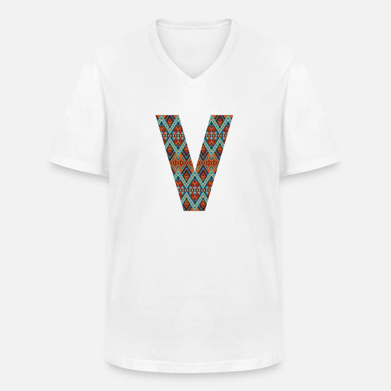Buchstabe V- Boho-Design, buntes Monogramm - Männer-T-Shirt mit V-Ausschnitt - Weiß