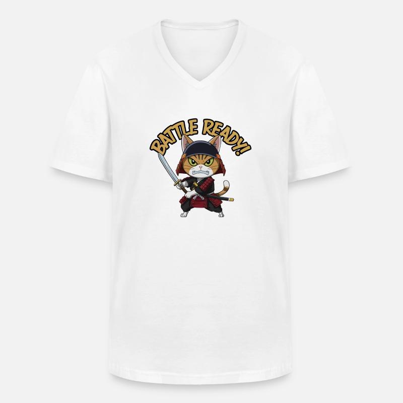 Samurai-Katze - Männer-T-Shirt mit V-Ausschnitt - Weiß