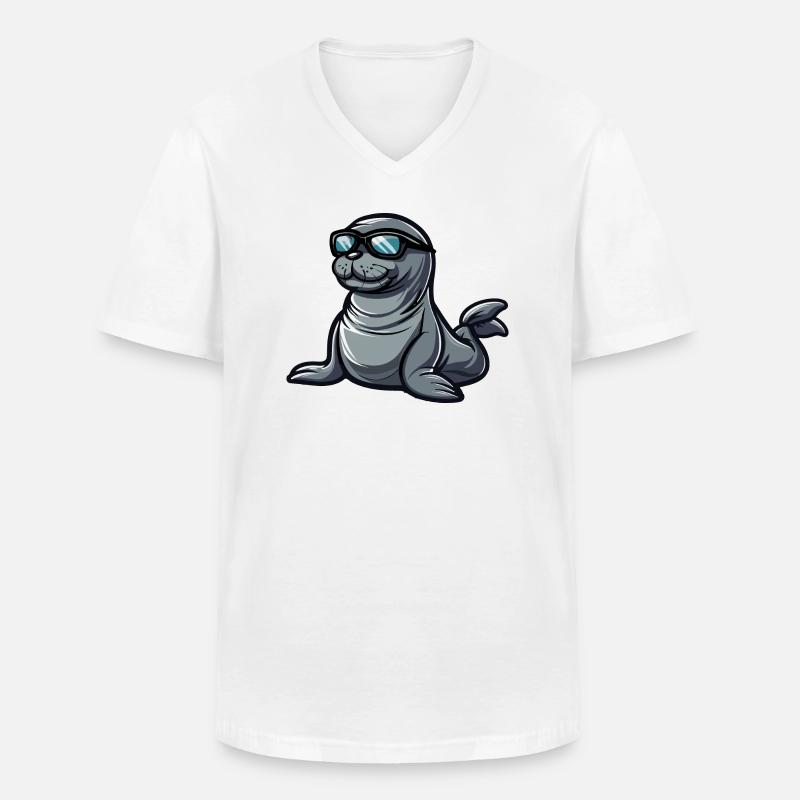 Robbe Tier Comic Cool - Männer-T-Shirt mit V-Ausschnitt - Weiß