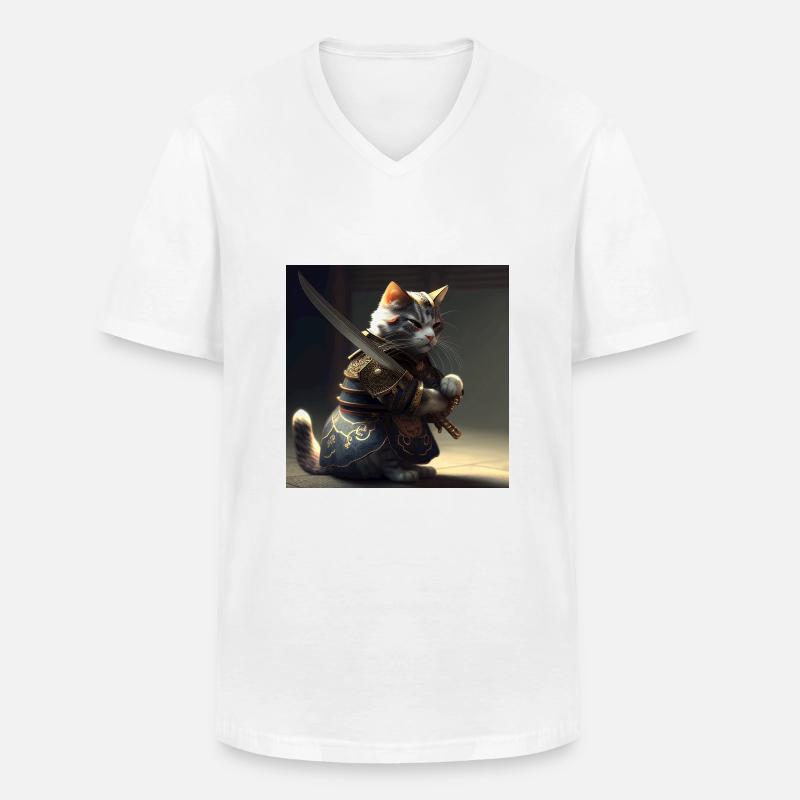 Cat Samurai with Sword - Männer-T-Shirt mit V-Ausschnitt - Weiß