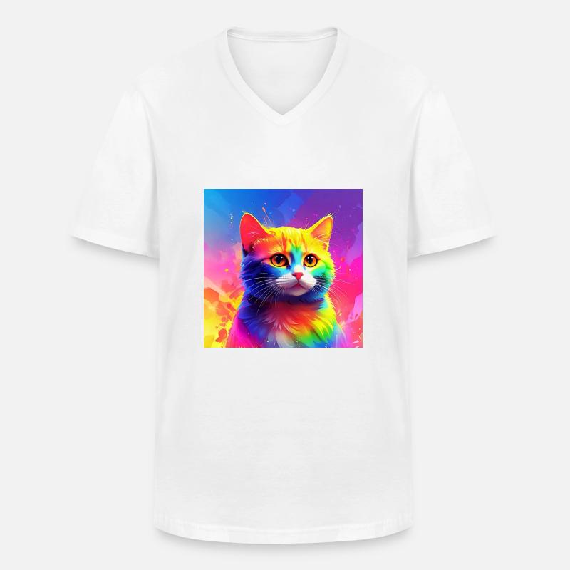 Niedliche regenbogenfarbene Katze - Männer-T-Shirt mit V-Ausschnitt - Weiß