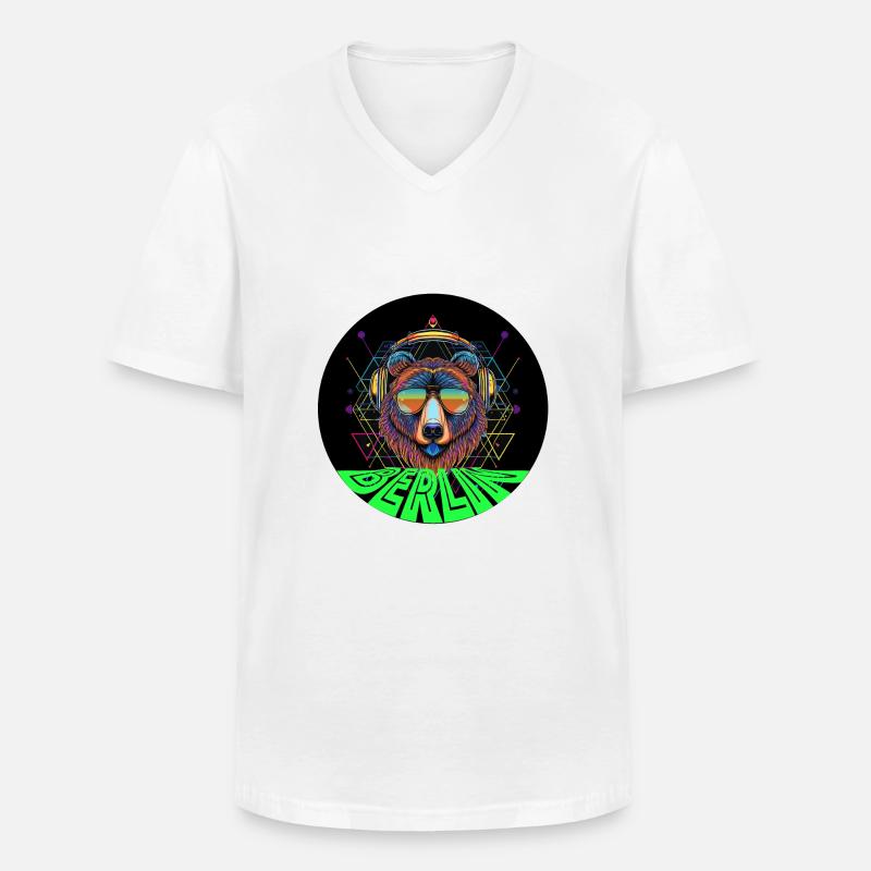 rund Bär mit Kopfhörer techno - Männer-T-Shirt mit V-Ausschnitt - Weiß
