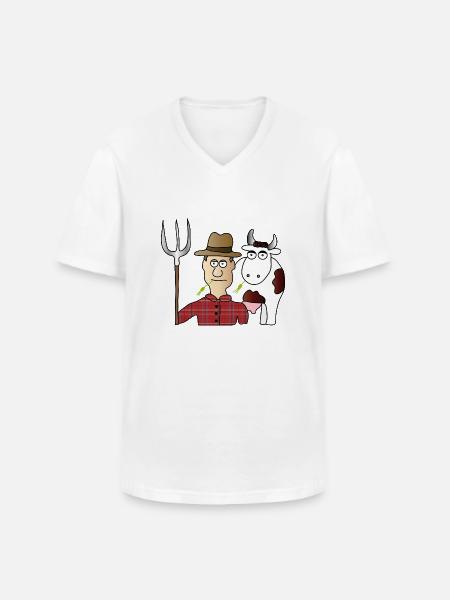 Peasant & Cow | Farmer | Cows Milking | pitchfork - Men's V-Neck T-Shirt - white
