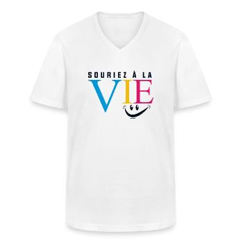 T-shirt original fashion été souriez à la vie - T-shirt col V Homme - blanc - Devant - AI Model Male 185 light (185cm)