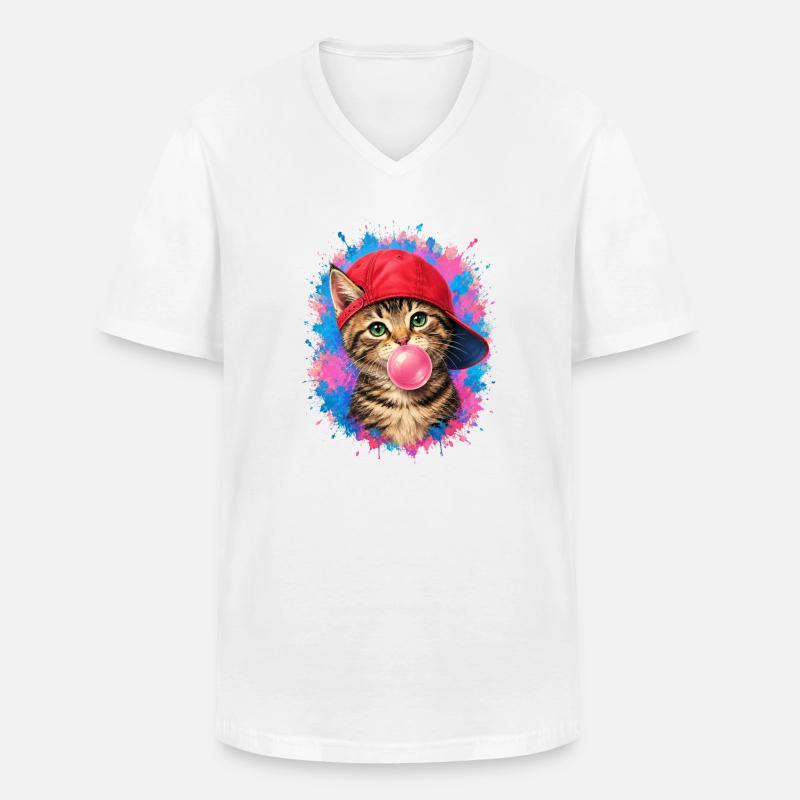 Coole Katze mit Cap und Kaugummi - Männer-T-Shirt mit V-Ausschnitt - Weiß