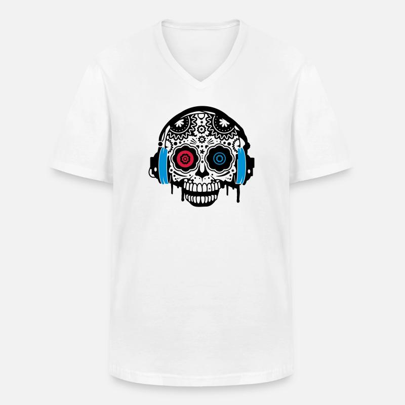 Sugar Skull mit Kopfhörer - Männer-T-Shirt mit V-Ausschnitt - Weiß