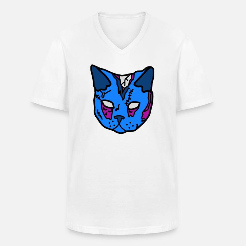 Blauer Katzenmaske Patchwork - Männer-T-Shirt mit V-Ausschnitt - Weiß