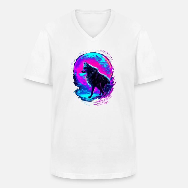 Wolf Neon Moon Synthwave - Männer-T-Shirt mit V-Ausschnitt - Weiß