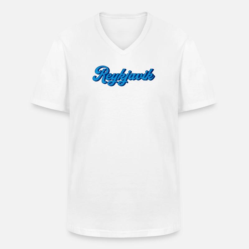 Reykjavik Blau Script Logo - Männer-T-Shirt mit V-Ausschnitt - Weiß