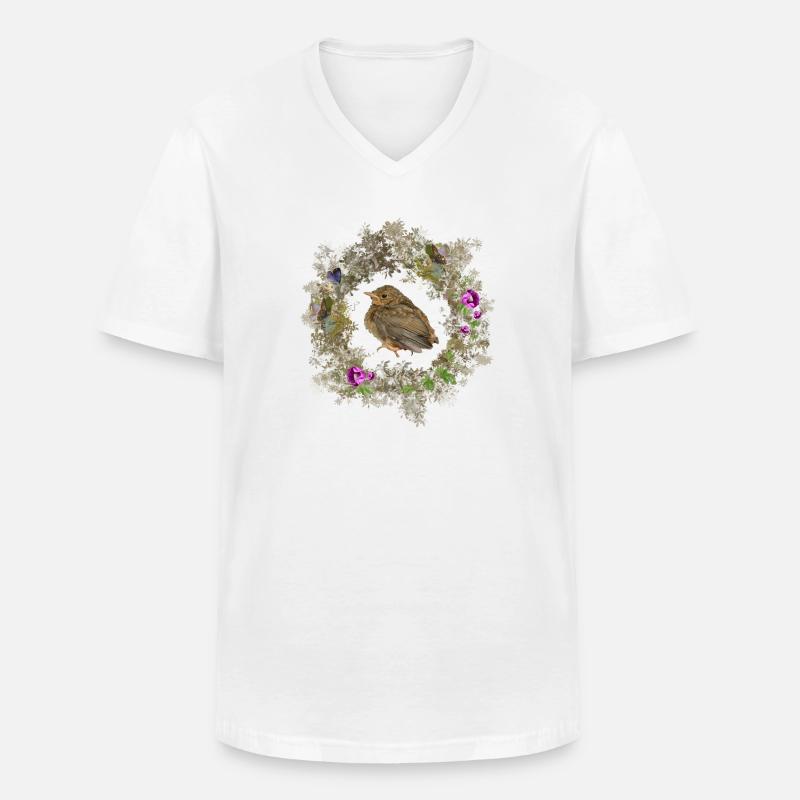 Rotkehlchen mit zarten Blüten und Bläulingen - Männer-T-Shirt mit V-Ausschnitt - Weiß