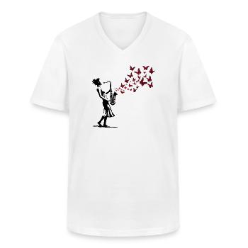 Musique de saxophone Style Art de rue papillon - T-shirt col V Homme - blanc - Devant - AI Model Male 185 light (185cm)