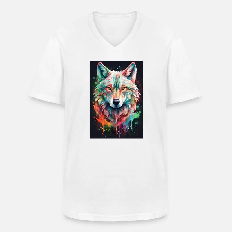 Bunter Wolfkopf Farbexplosion - Männer-T-Shirt mit V-Ausschnitt - Weiß