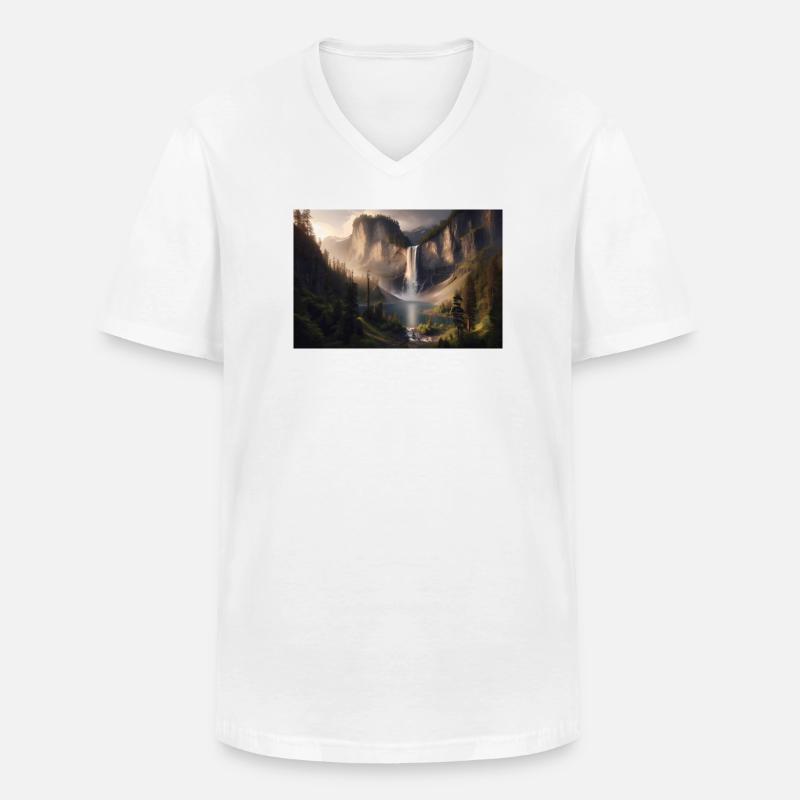 Poster Ölgemälde Berglandschaft mit Wasserfall - Männer-T-Shirt mit V-Ausschnitt - Weiß