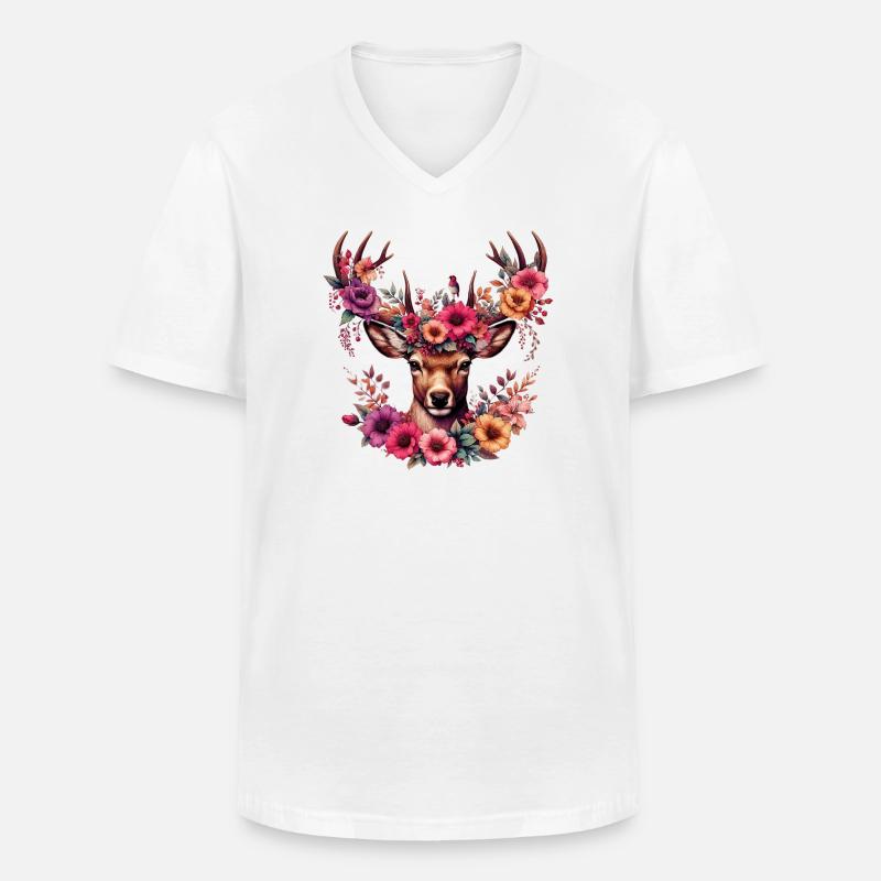 Hirsch mit Blumen - Männer-T-Shirt mit V-Ausschnitt - Weiß