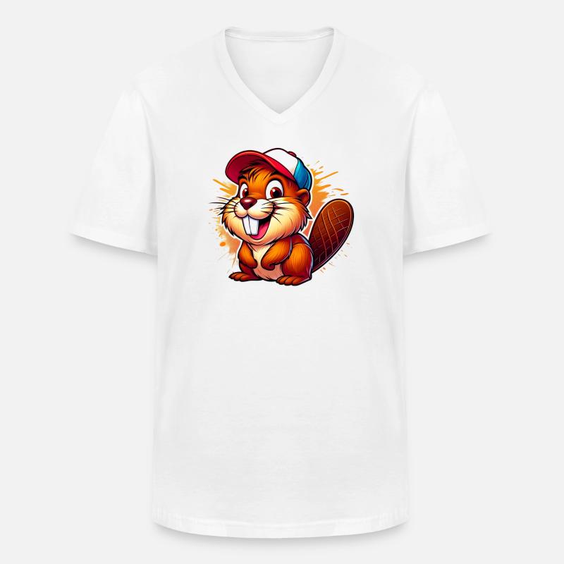 Biber mit Baseballkappe - Männer-T-Shirt mit V-Ausschnitt - Weiß