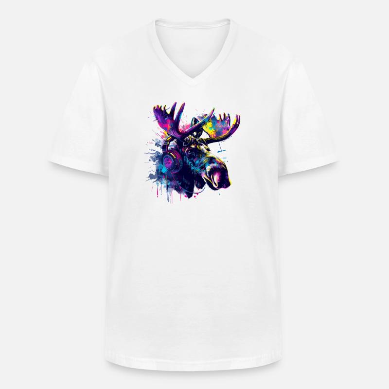 Elch Elche Elchkopf mit Kopfhörer - Männer-T-Shirt mit V-Ausschnitt - Weiß