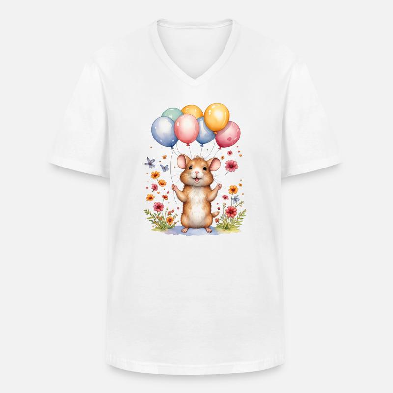 Süße Maus mit Geburtstagsballons - Männer-T-Shirt mit V-Ausschnitt - Weiß