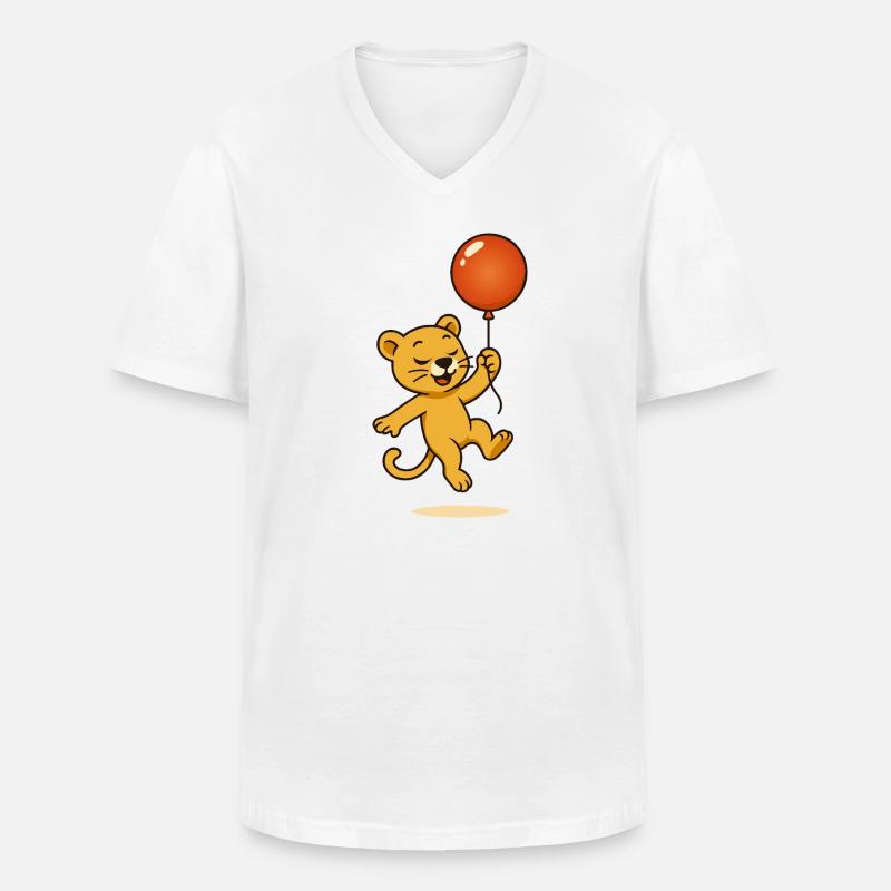 Leone allegro con palloncino che si libra nell'aria - Maglietta da uomo classica con scollo a V - bianco
