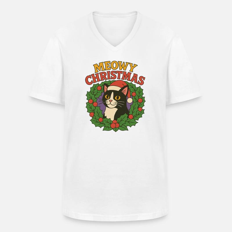 Festliches Katzen-Weihnachtskranz-Design - Männer-T-Shirt mit V-Ausschnitt - Weiß