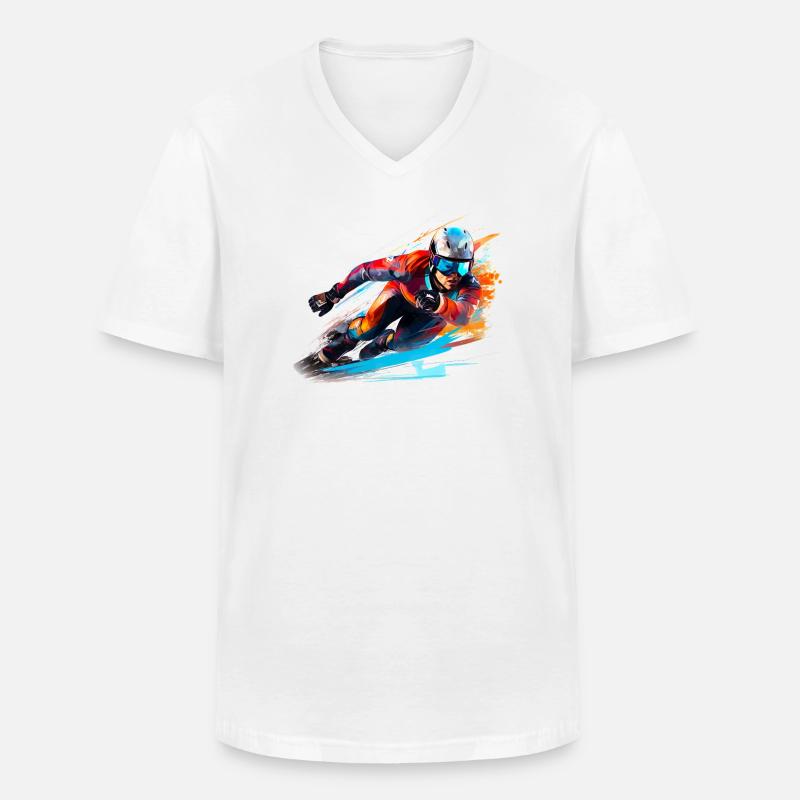 Fahrender Skirennfahrer mit Farbexplosion - Männer-T-Shirt mit V-Ausschnitt - Weiß