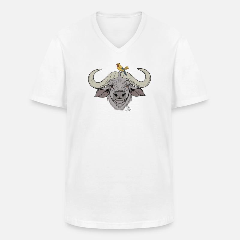Stämmiger Büffel mit Singvogel - Männer-T-Shirt mit V-Ausschnitt - Weiß