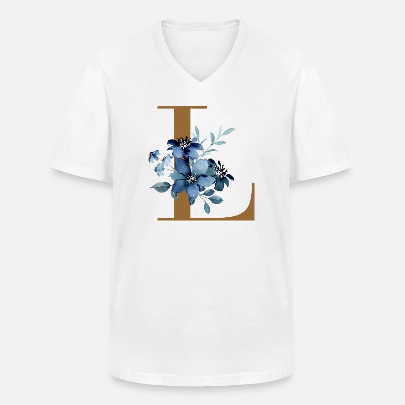 Blaues Blumen Monogramm Design Buchstabe L - Männer-T-Shirt mit V-Ausschnitt - Weiß