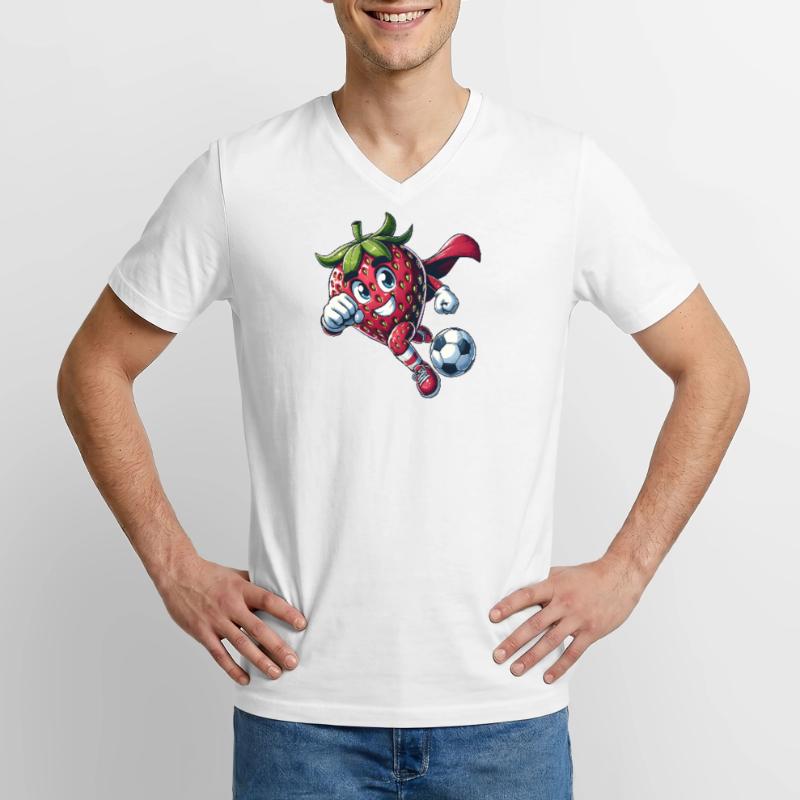 Fußball Erdbeere Superheld Kicker Comic Männer-T-Shirt mit V-Ausschnitt