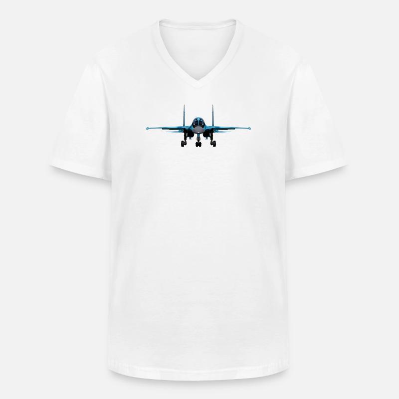 Blauer Kampfjet Frontansicht - Männer-T-Shirt mit V-Ausschnitt - Weiß
