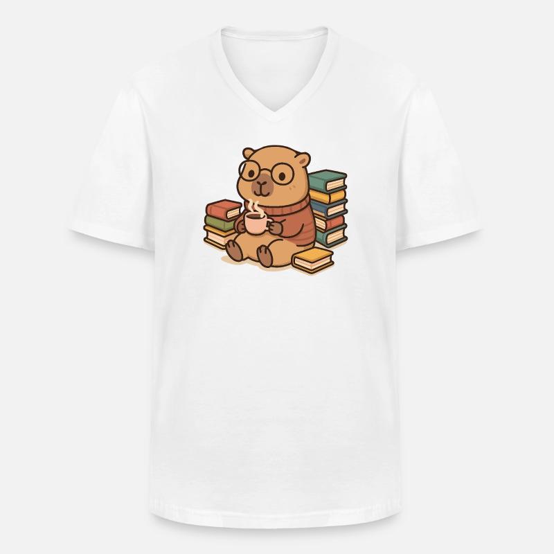 Capybara Leseratte – Bücher & Kaffee ☕📚 - Männer-T-Shirt mit V-Ausschnitt - Weiß