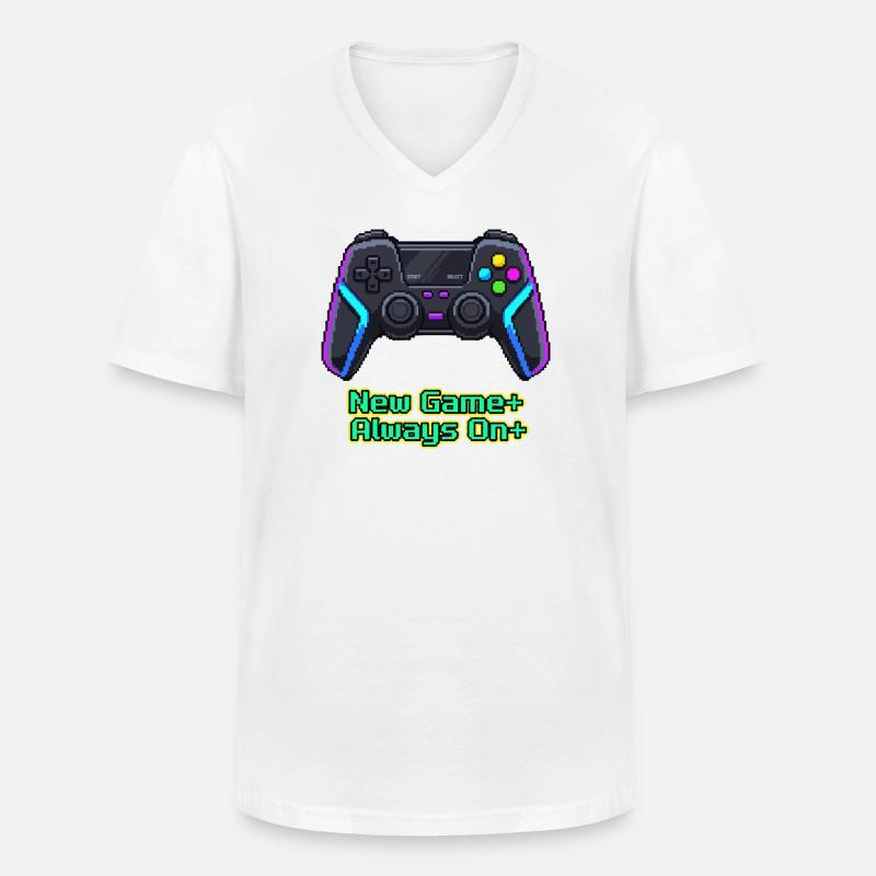 Neon Pixel Controller New Game Plus - T-shirt col V Homme - blanc