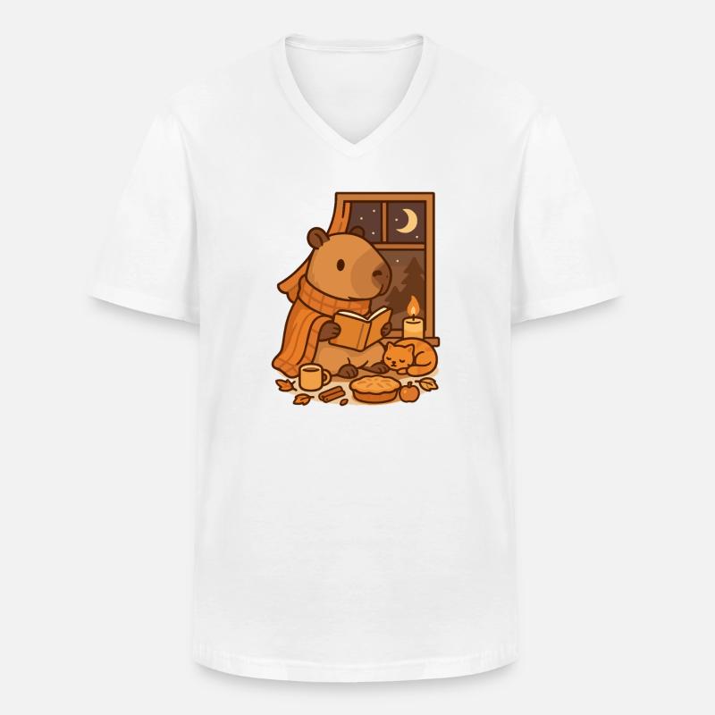 Capybara Reading Nook – Cozy Herbstabend - Männer-T-Shirt mit V-Ausschnitt - Weiß