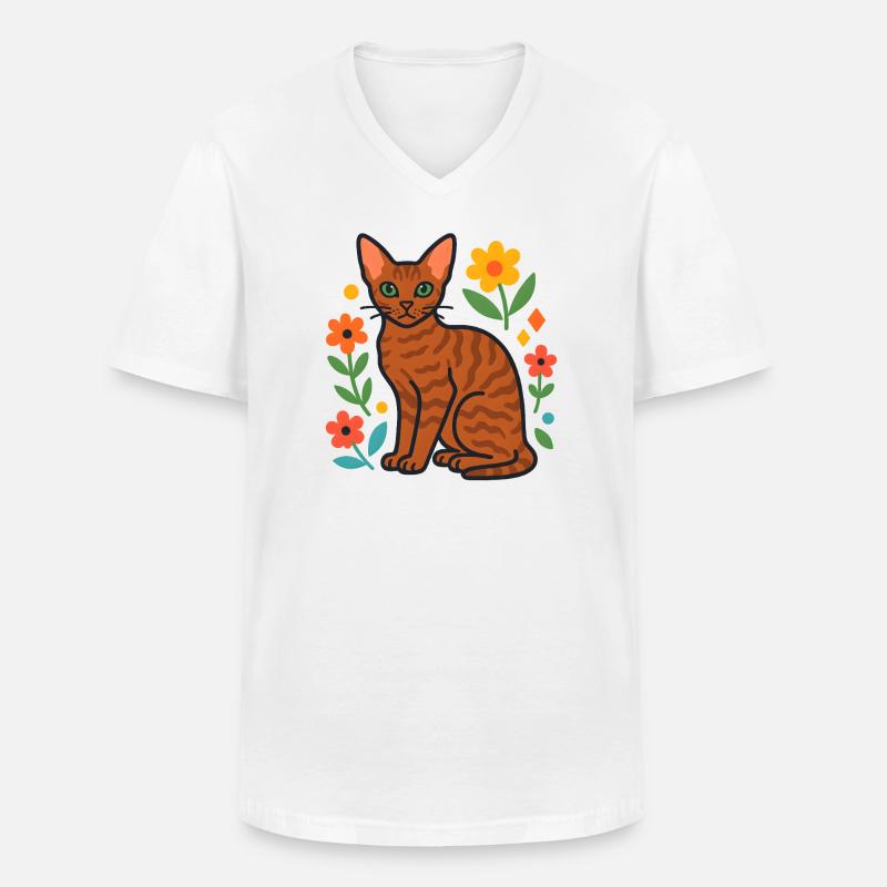 Devon Rex' Katze in der Blumenparade - Männer-T-Shirt mit V-Ausschnitt - Weiß
