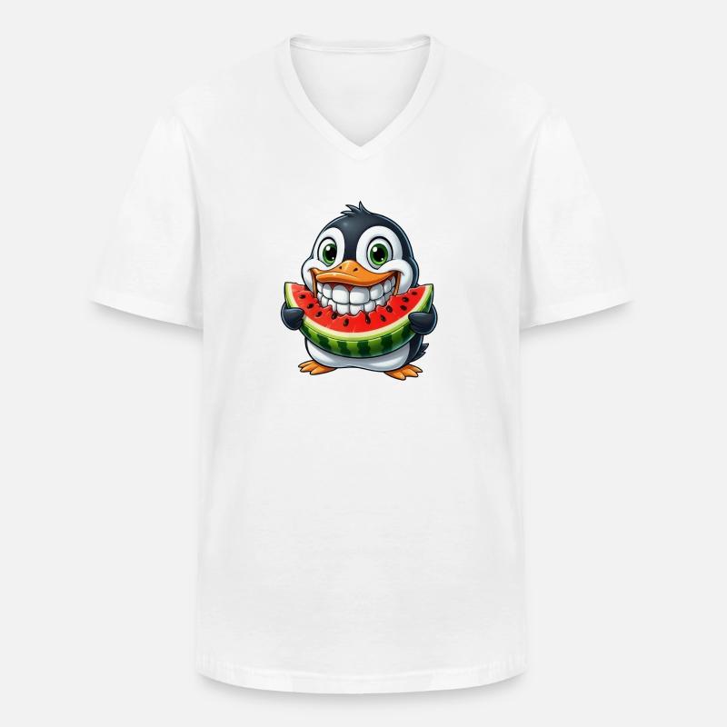 Pingouin joyeux avec pastèque fruit d’été - T-shirt col V Homme - blanc