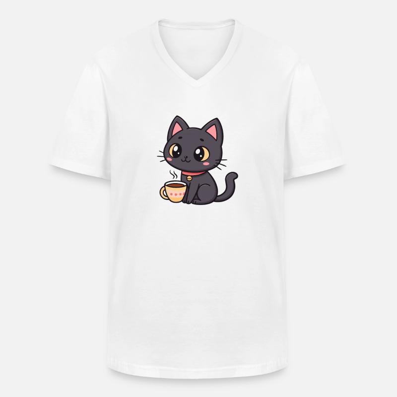 Warme schwarze Katze mit Tee - Männer-T-Shirt mit V-Ausschnitt - Weiß