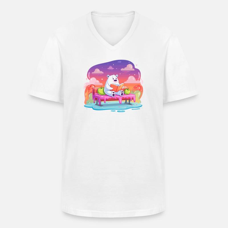Lesender Eisbär im Farbtraum - Männer-T-Shirt mit V-Ausschnitt - Weiß