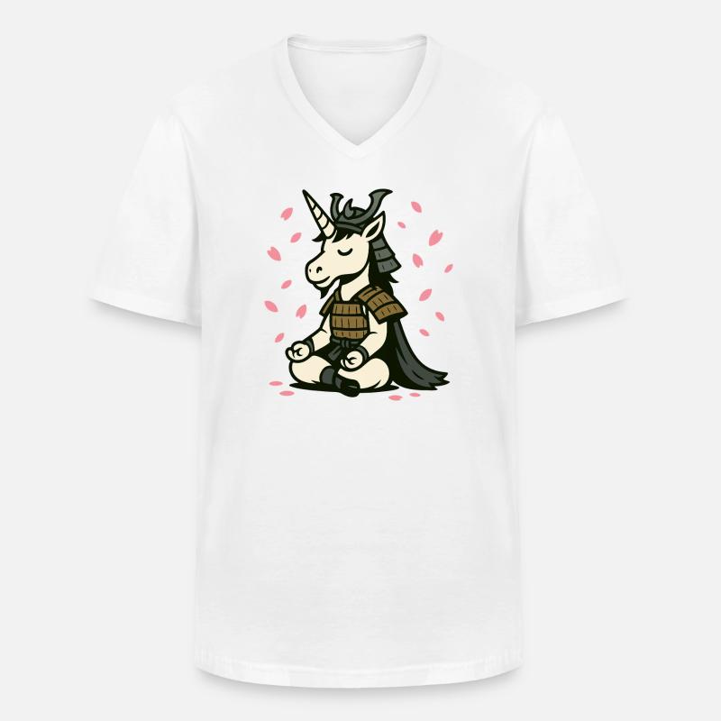 Meditierendes Samurai-Einhorn mit Kirschblüten - Männer-T-Shirt mit V-Ausschnitt - Weiß