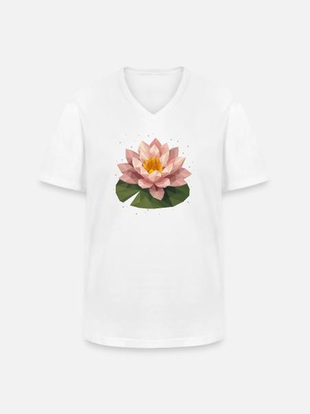 Nénuphar polygonal rose sur feuille verte - T-shirt col V Homme - blanc